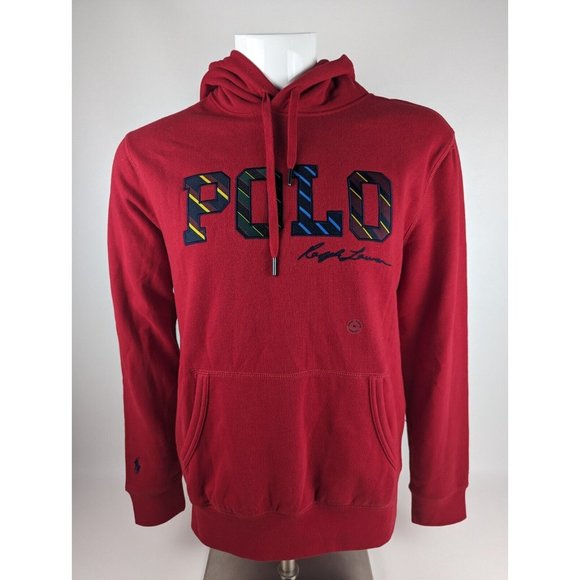 Polo Ralph Lauren Striped Logo Fleece Pullover Hoodie Sweatshirt Red Men Medium